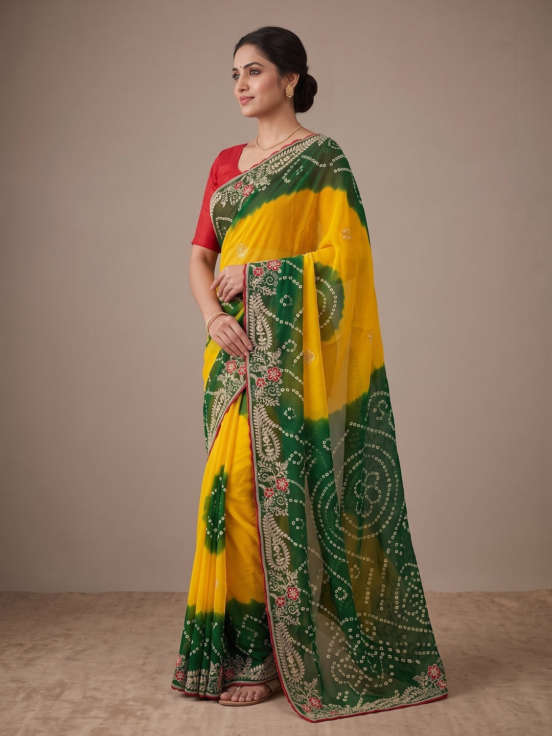 Peachmode Yellow and Green Georgette Bandhani Embroidered Saree - Image 3