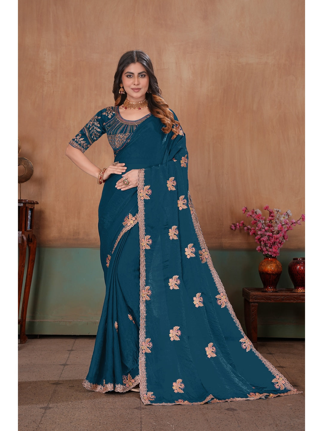 Peachmode Teal Blue Embroidered Fendy Satin Saree With Stitched Blouse - Image 1
