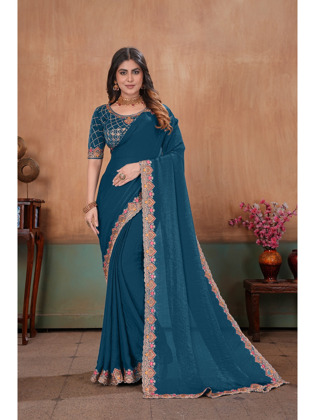 Peachmode Teal Blue Embroidered Fendy Satin Saree With Stitched Blouse - Image 1