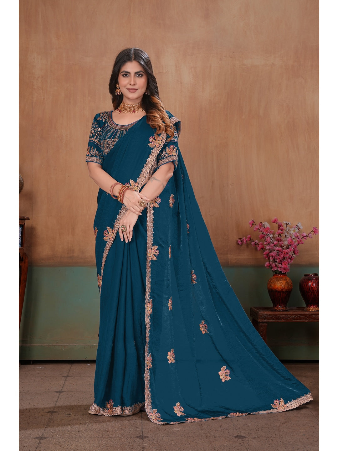 Peachmode Teal Blue Embroidered Fendy Satin Saree With Stitched Blouse - Image 3