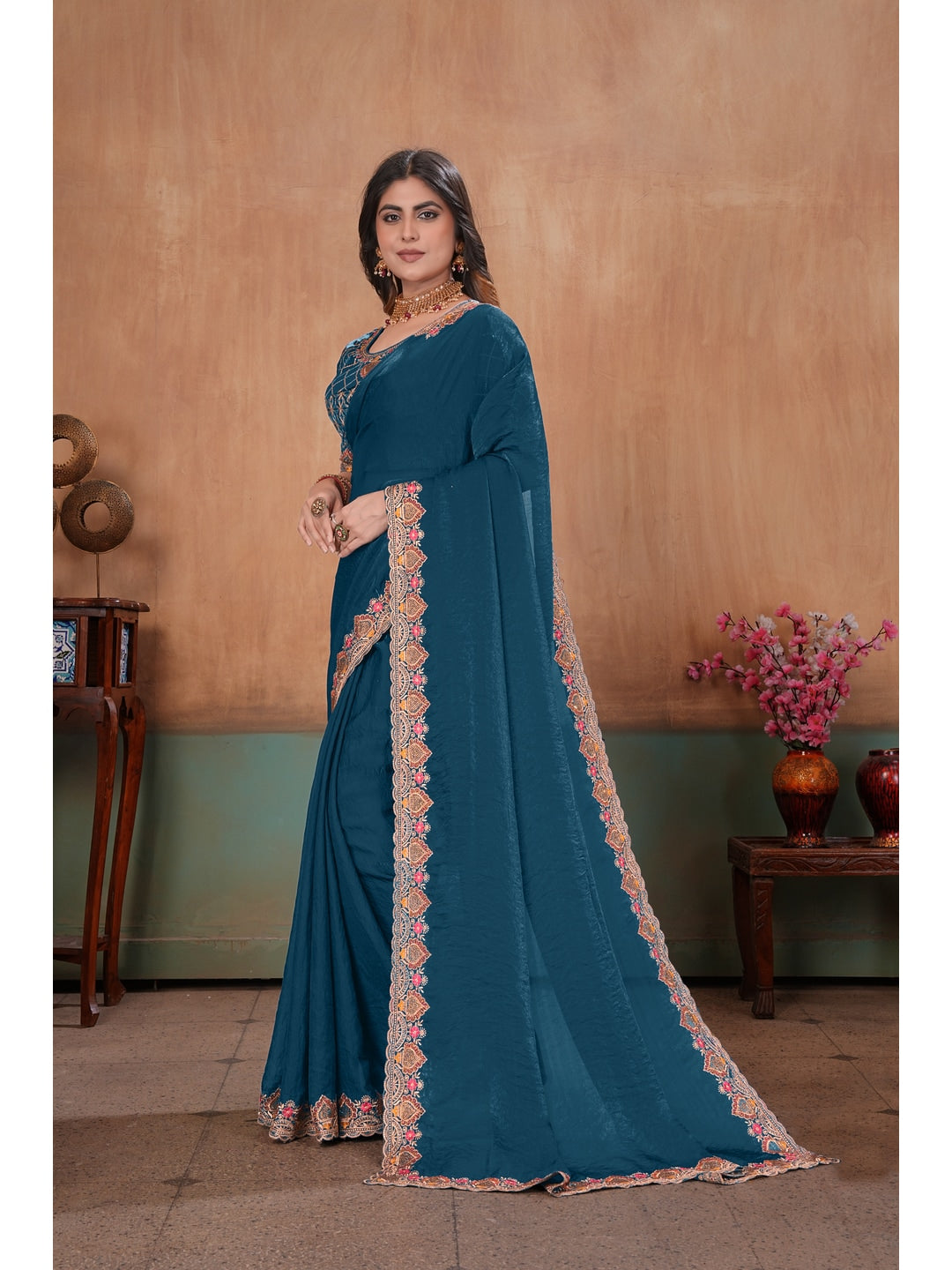 Peachmode Teal Blue Embroidered Fendy Satin Saree With Stitched Blouse - Image 2