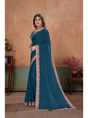 Peachmode Teal Blue Embroidered Fendy Satin Saree With Stitched Blouse - Image 2