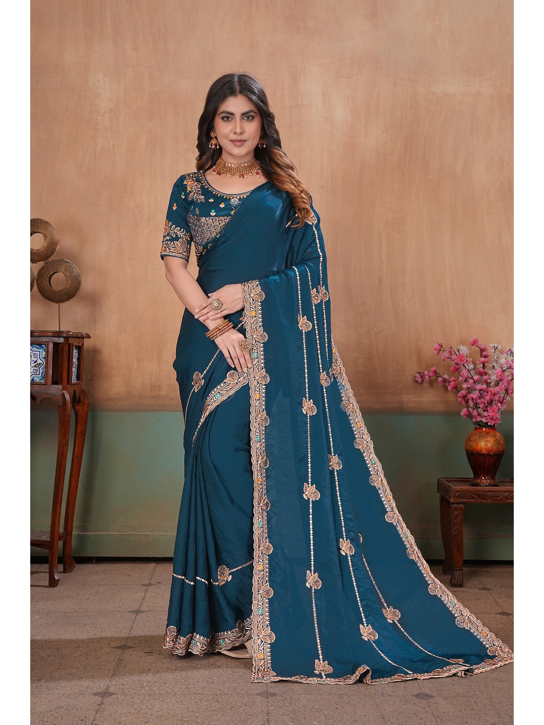 Peachmode Teal Blue Embroidered Fendy Satin Saree With Stitched Blouse - Image 1