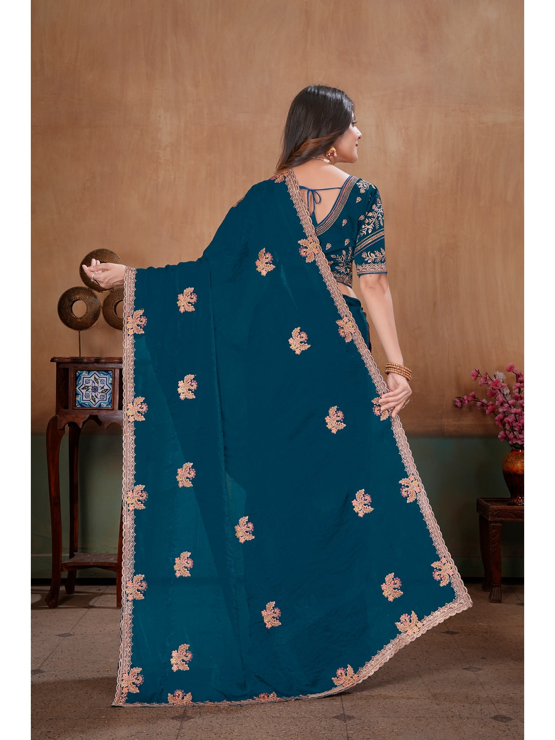 Peachmode Teal Blue Embroidered Fendy Satin Saree With Stitched Blouse - Image 4