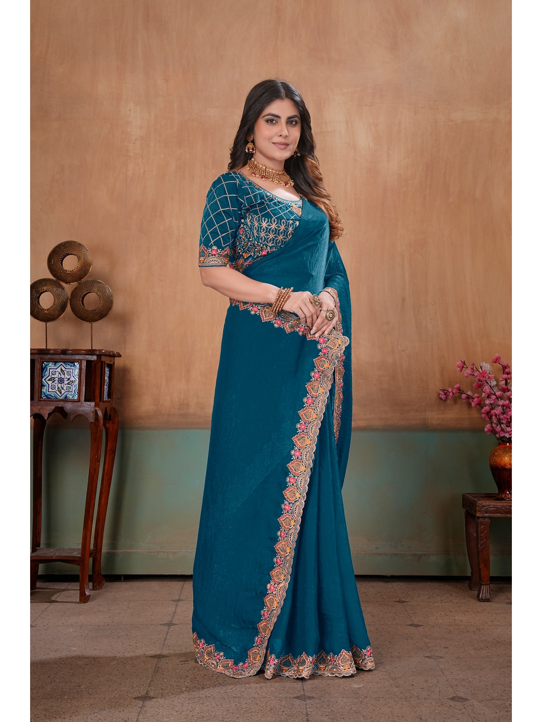 Peachmode Teal Blue Embroidered Fendy Satin Saree With Stitched Blouse - Image 3