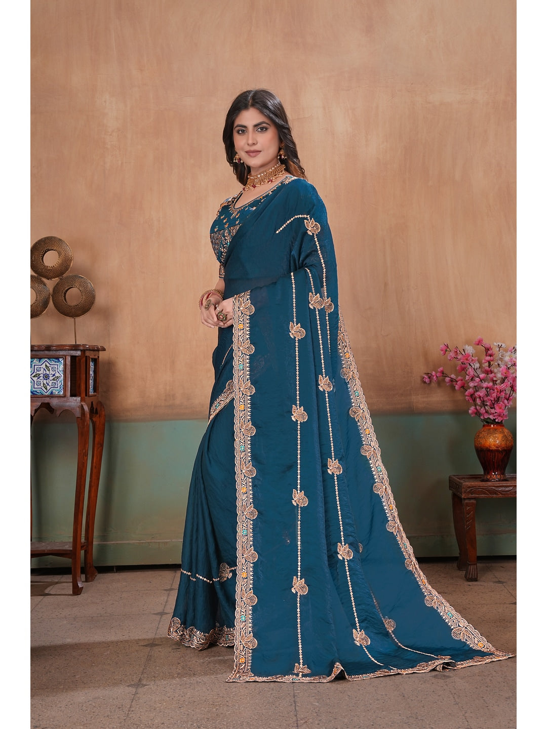 Peachmode Teal Blue Embroidered Fendy Satin Saree With Stitched Blouse - Image 2
