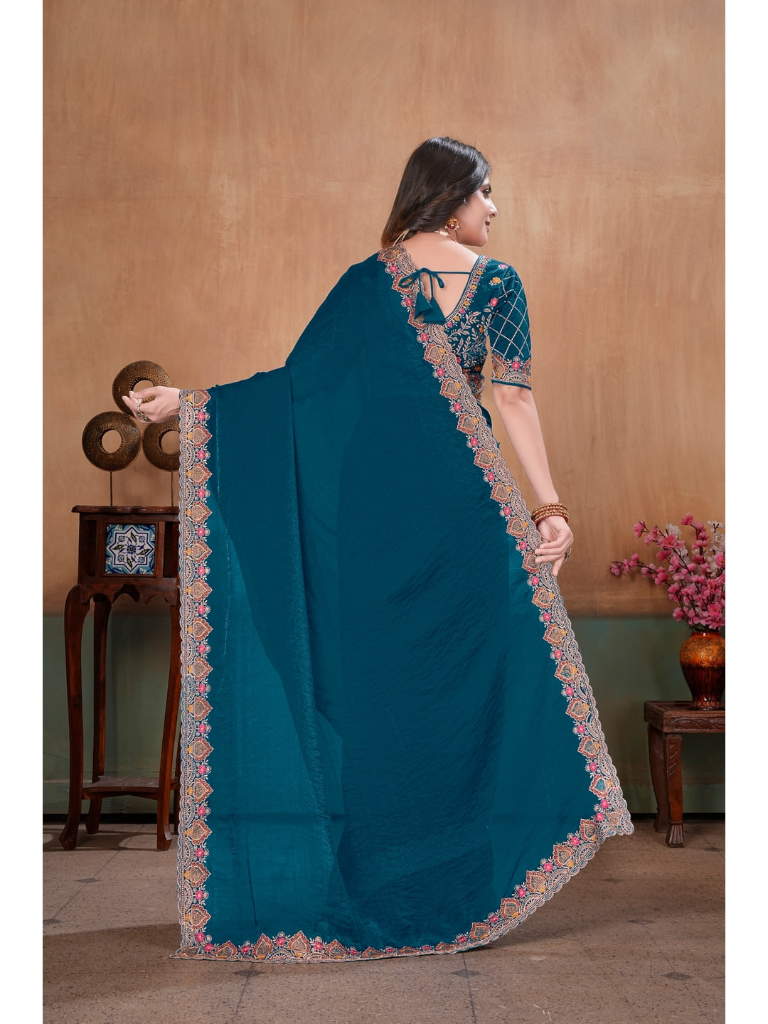 Peachmode Teal Blue Embroidered Fendy Satin Saree With Stitched Blouse - Image 4