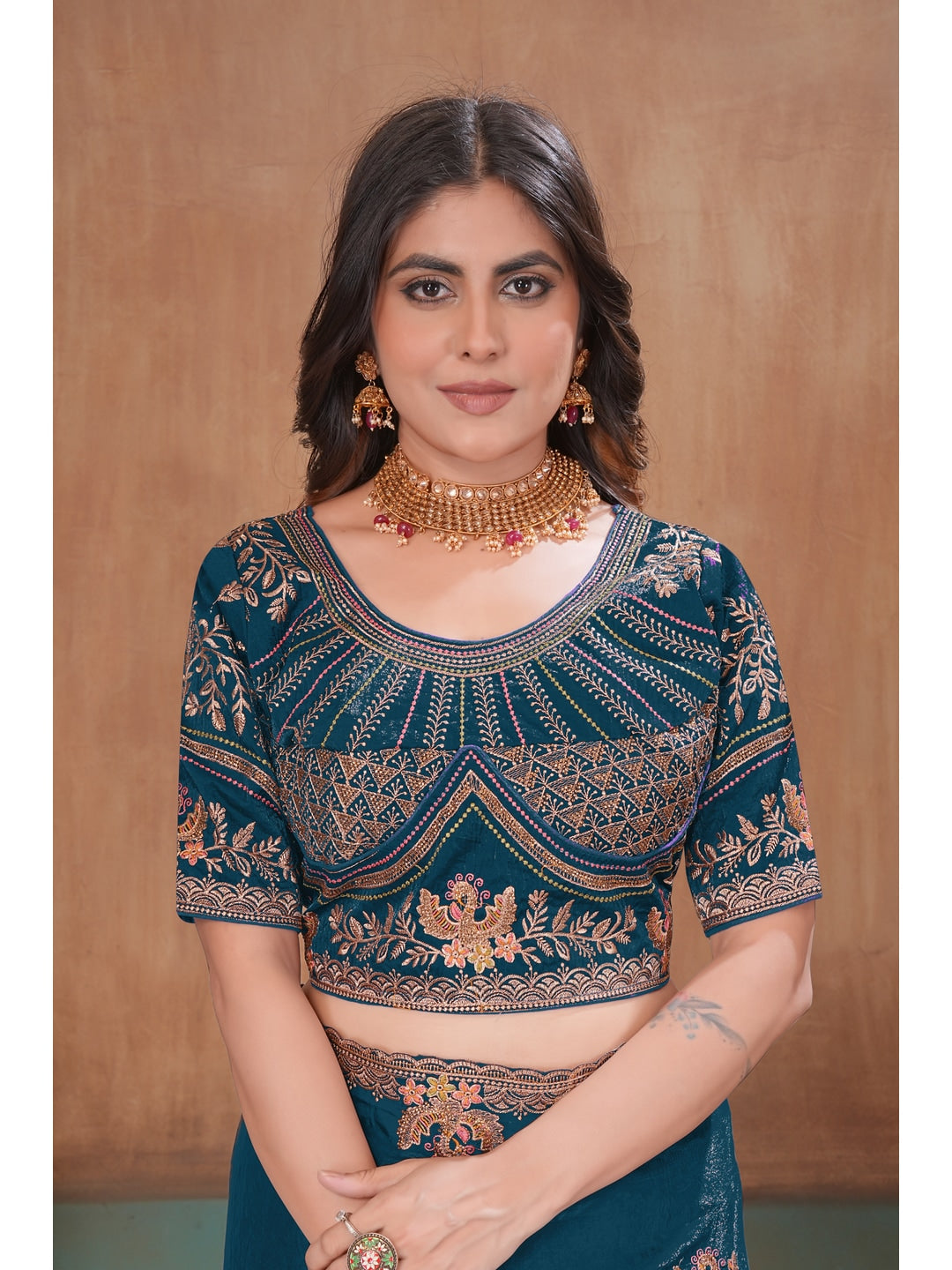 Peachmode Teal Blue Embroidered Fendy Satin Saree With Stitched Blouse - Image 5