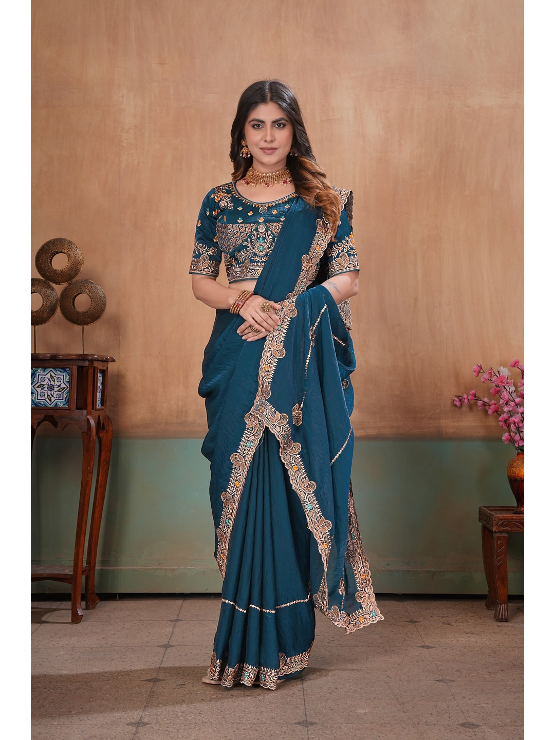 Peachmode Teal Blue Embroidered Fendy Satin Saree With Stitched Blouse - Image 3