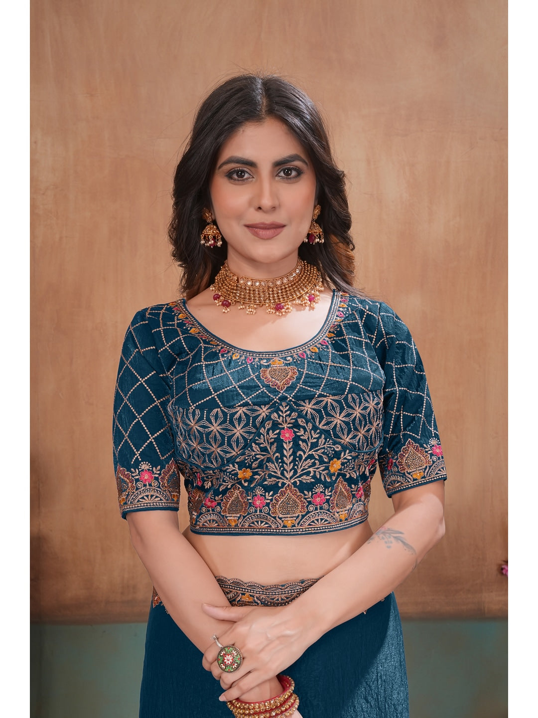 Peachmode Teal Blue Embroidered Fendy Satin Saree With Stitched Blouse - Image 5