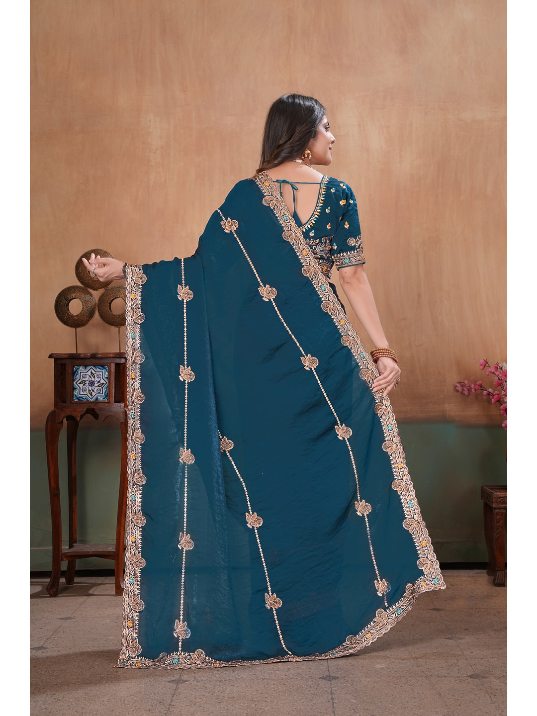Peachmode Teal Blue Embroidered Fendy Satin Saree With Stitched Blouse - Image 4