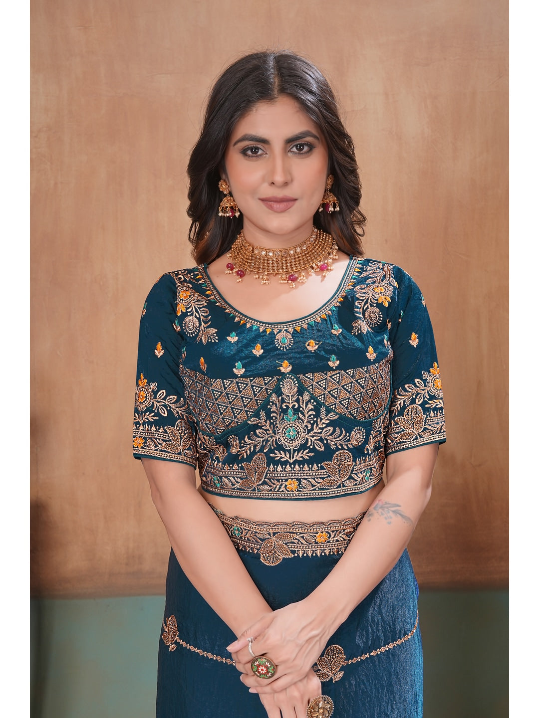 Peachmode Teal Blue Embroidered Fendy Satin Saree With Stitched Blouse - Image 5