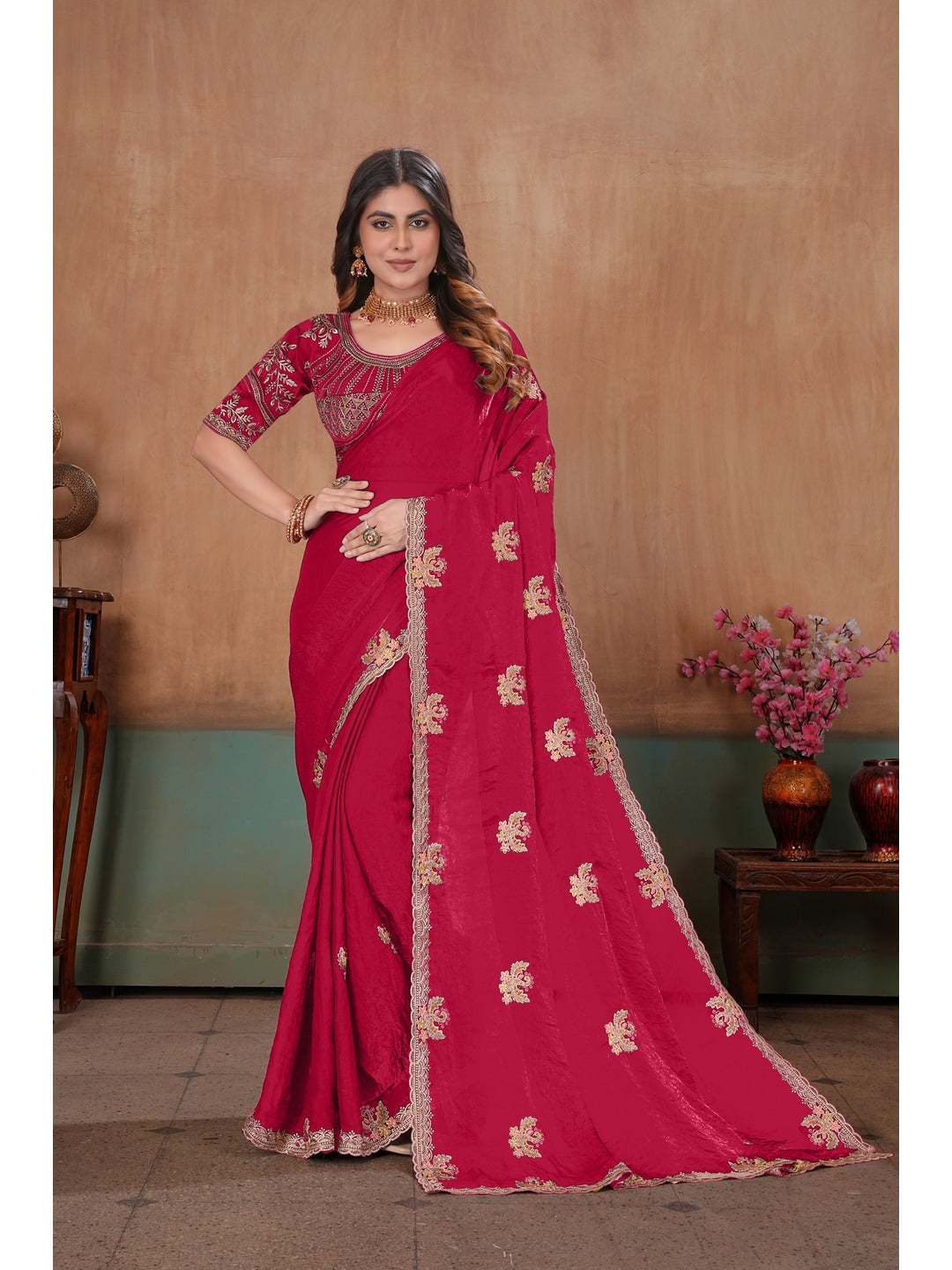 Peachmode Rani Pink Embroidered Fendy Satin Saree With Stitched Blouse - Image 1