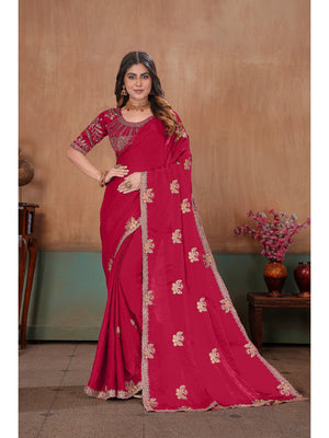 Peachmode Rani Pink Embroidered Fendy Satin Saree With Stitched Blouse - Image 1