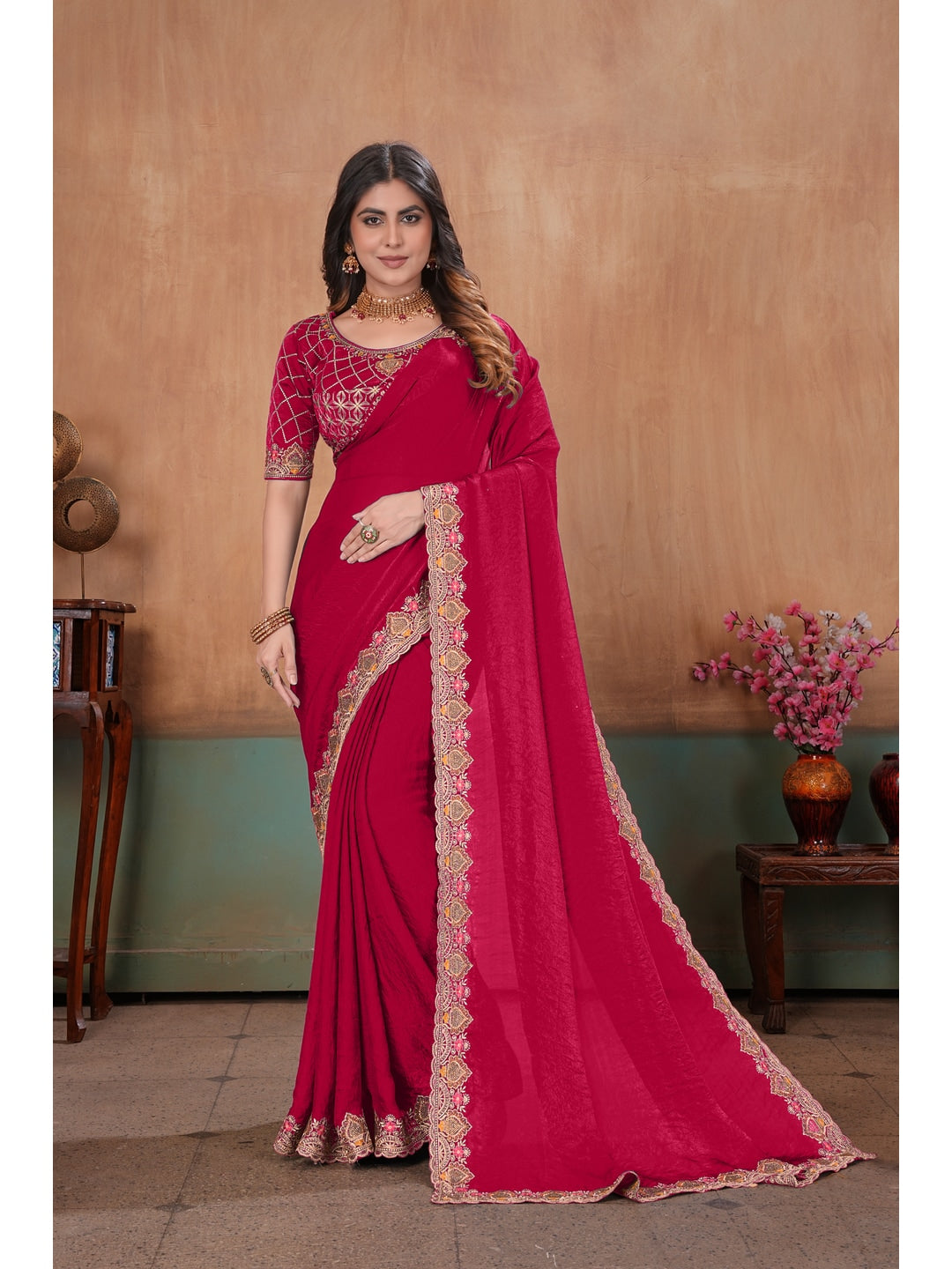 Peachmode Rani Pink Embroidered Fendy Satin Saree With Stitched Blouse - Image 1