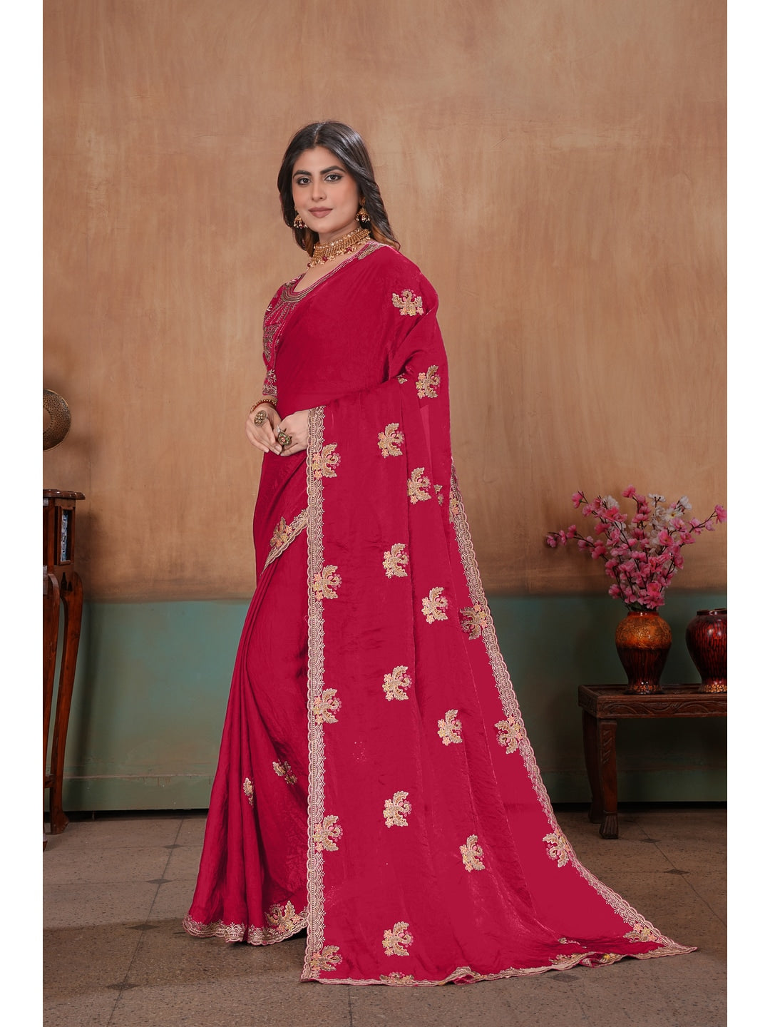 Peachmode Rani Pink Embroidered Fendy Satin Saree With Stitched Blouse - Image 2