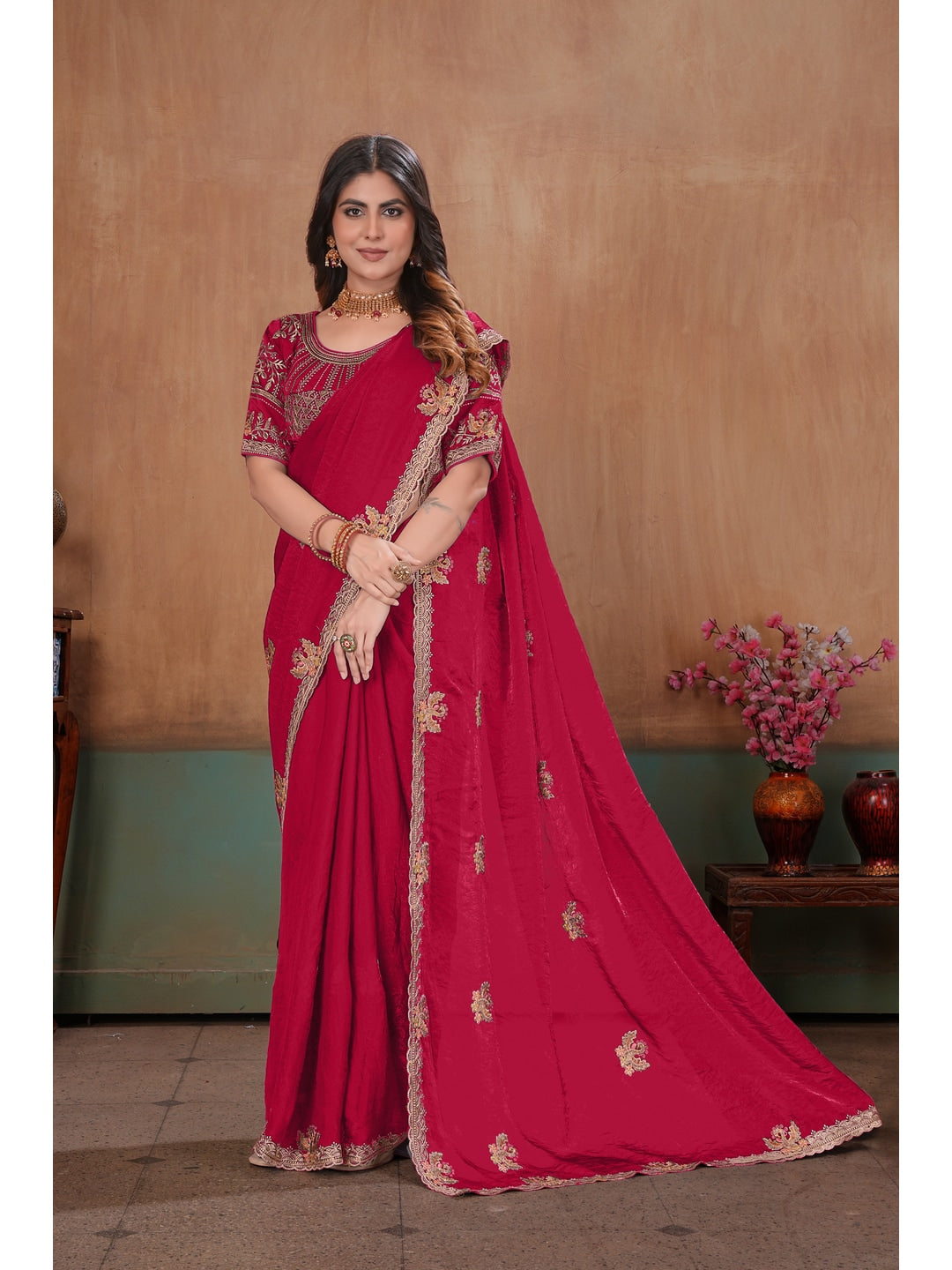 Peachmode Rani Pink Embroidered Fendy Satin Saree With Stitched Blouse - Image 3
