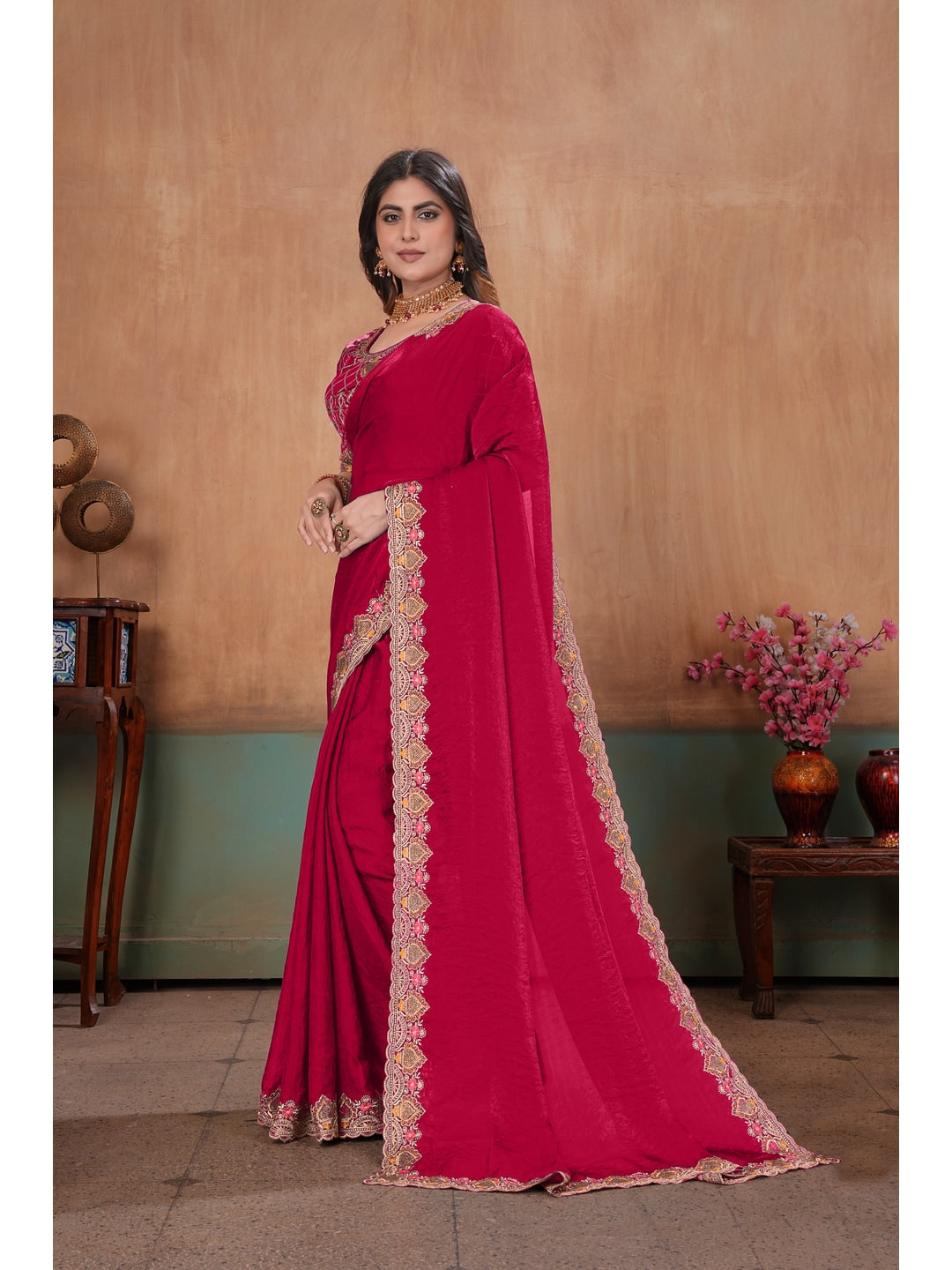 Peachmode Rani Pink Embroidered Fendy Satin Saree With Stitched Blouse - Image 2