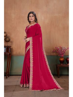 Peachmode Rani Pink Embroidered Fendy Satin Saree With Stitched Blouse - Image 2