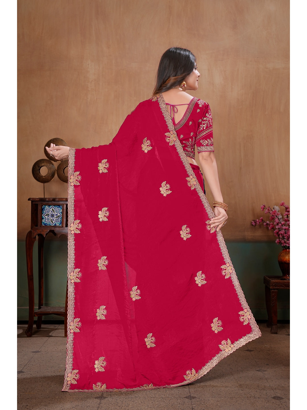 Peachmode Rani Pink Embroidered Fendy Satin Saree With Stitched Blouse - Image 4