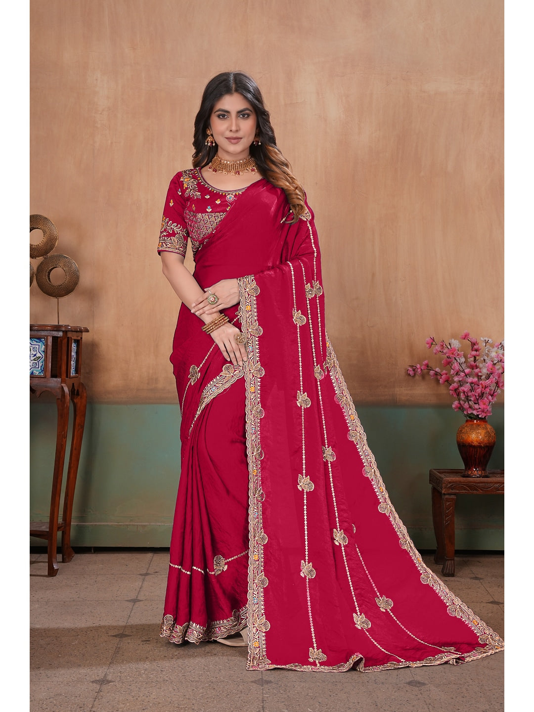 Peachmode Rani Pink Embroidered Fendy Satin Saree With Stitched Blouse - Image 1