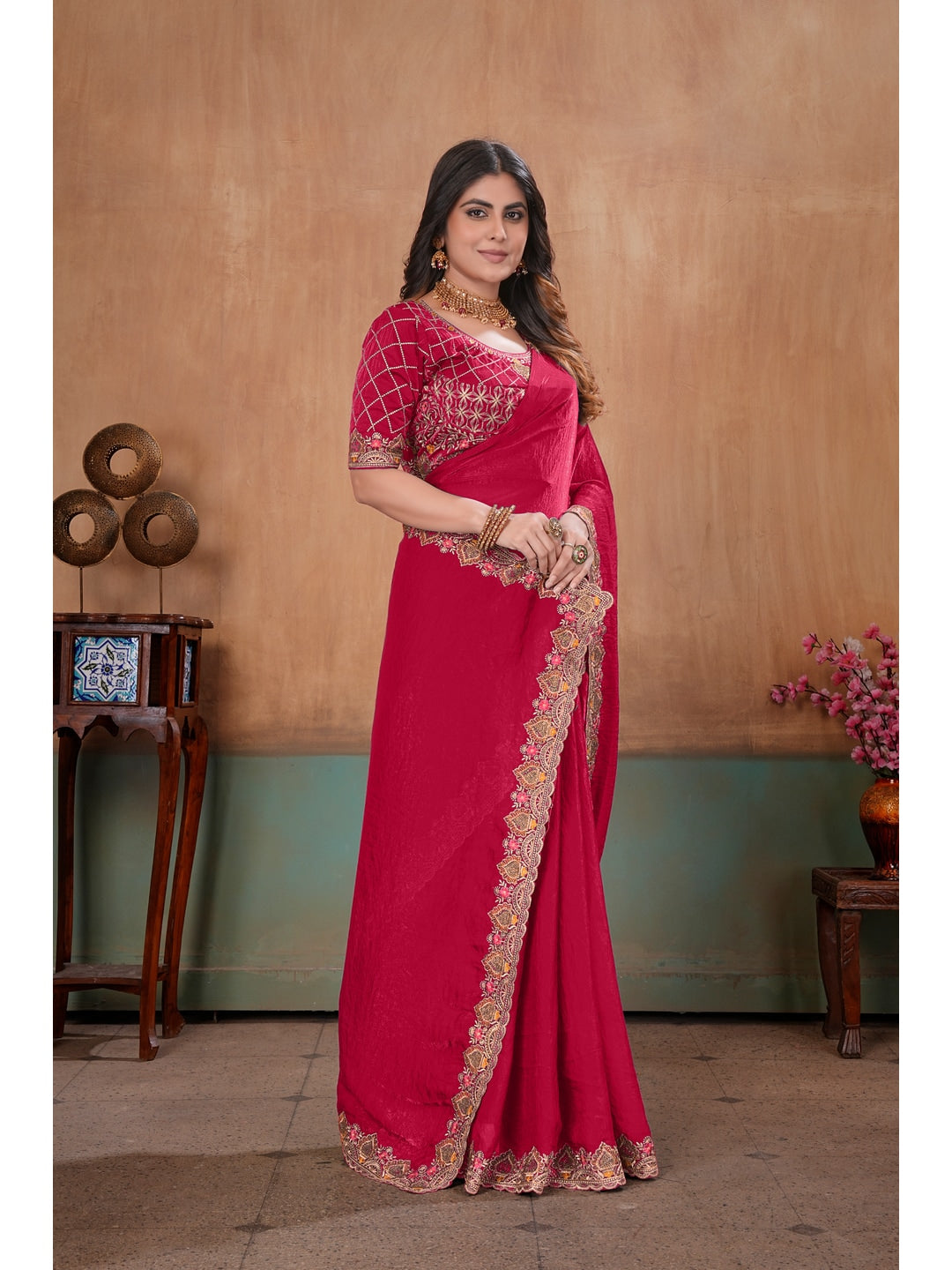 Peachmode Rani Pink Embroidered Fendy Satin Saree With Stitched Blouse - Image 3
