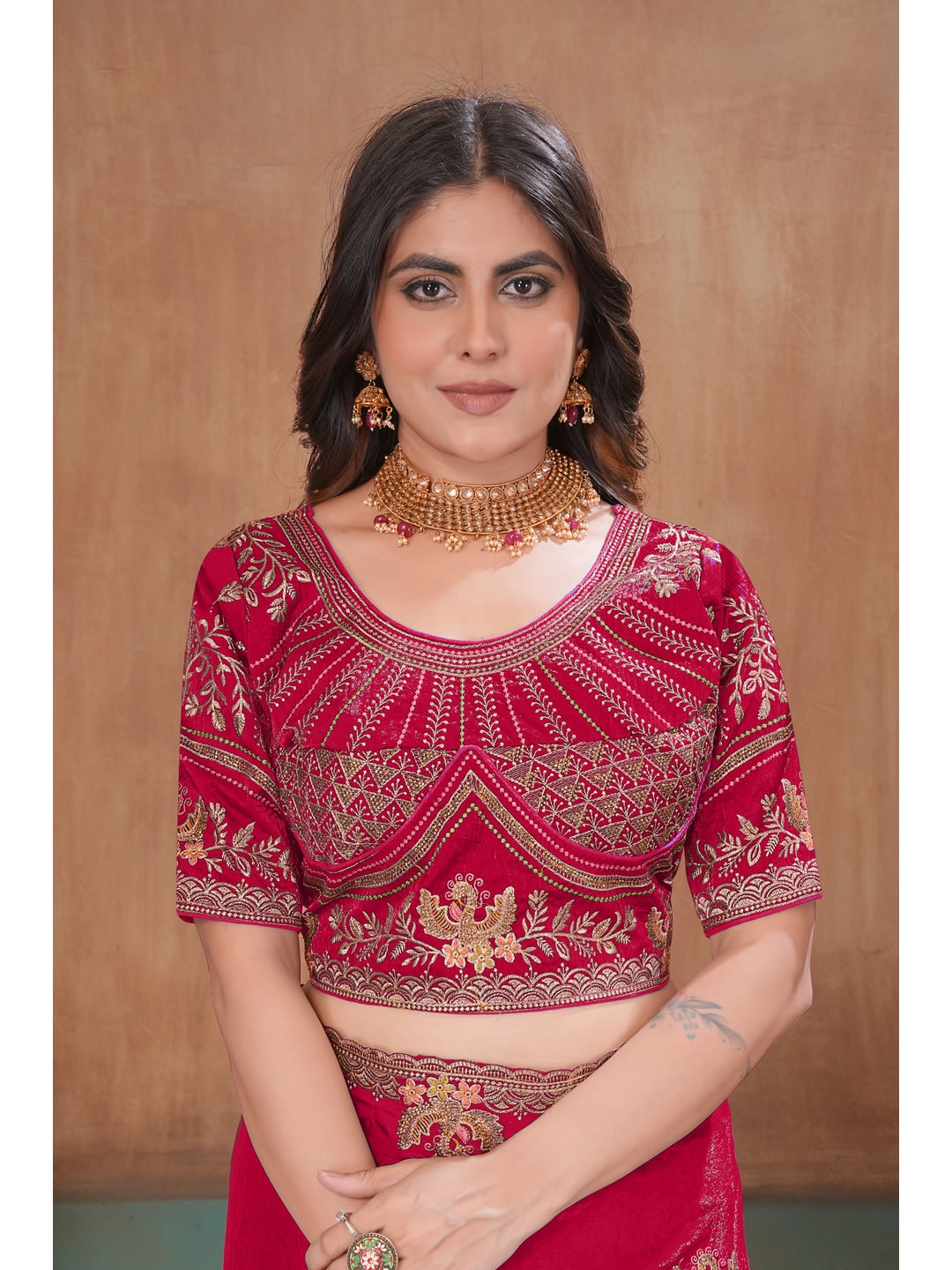 Peachmode Rani Pink Embroidered Fendy Satin Saree With Stitched Blouse - Image 5