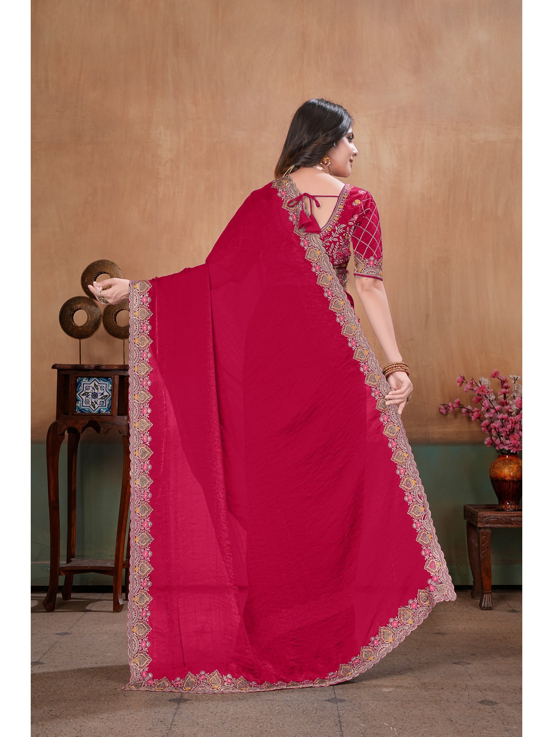 Peachmode Rani Pink Embroidered Fendy Satin Saree With Stitched Blouse - Image 4