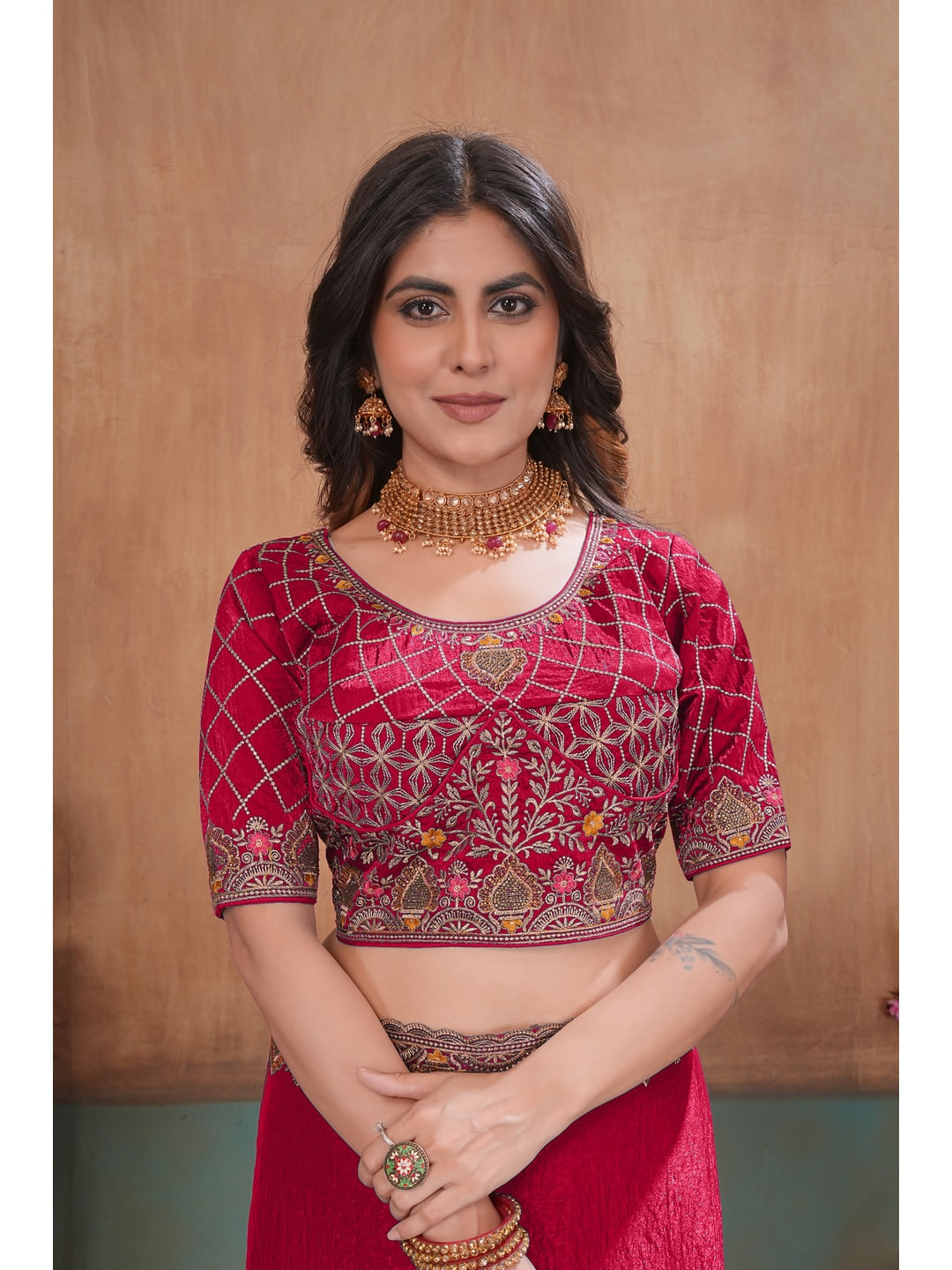 Peachmode Rani Pink Embroidered Fendy Satin Saree With Stitched Blouse - Image 5