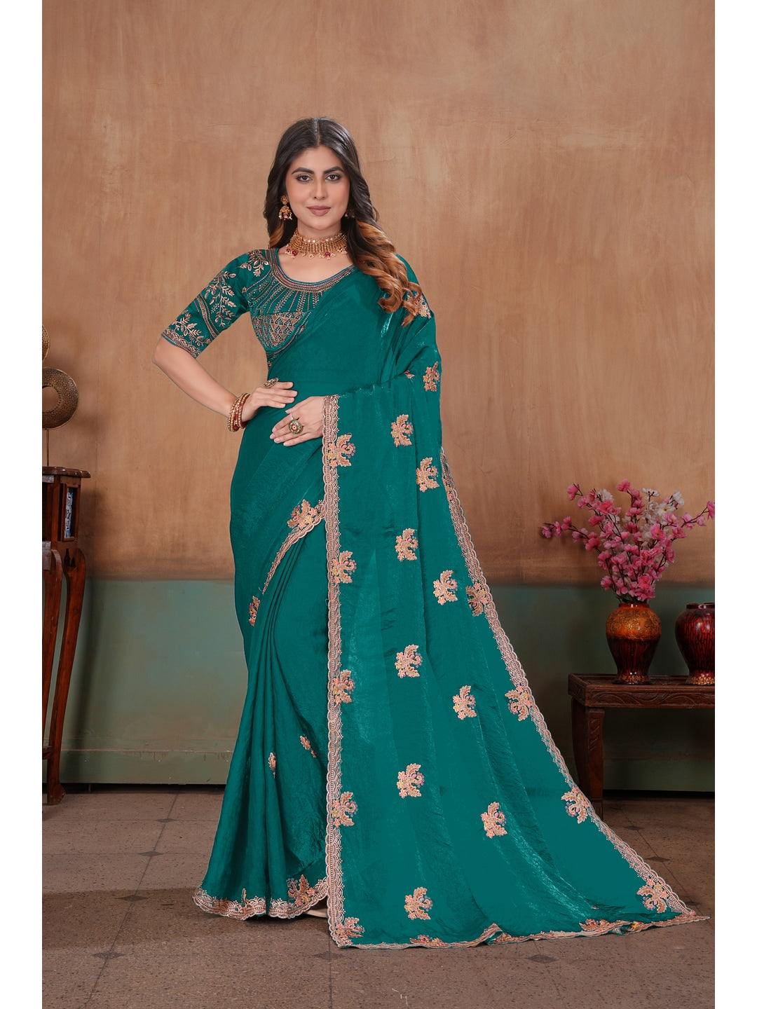 Peachmode Green Embroidered Fendy Satin Saree With Stitched Blouse - Image 1