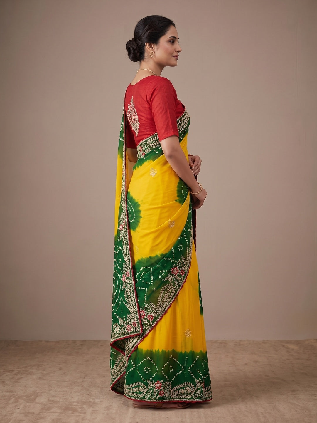 Peachmode Yellow and Green Georgette Bandhani Embroidered Saree - Image 4