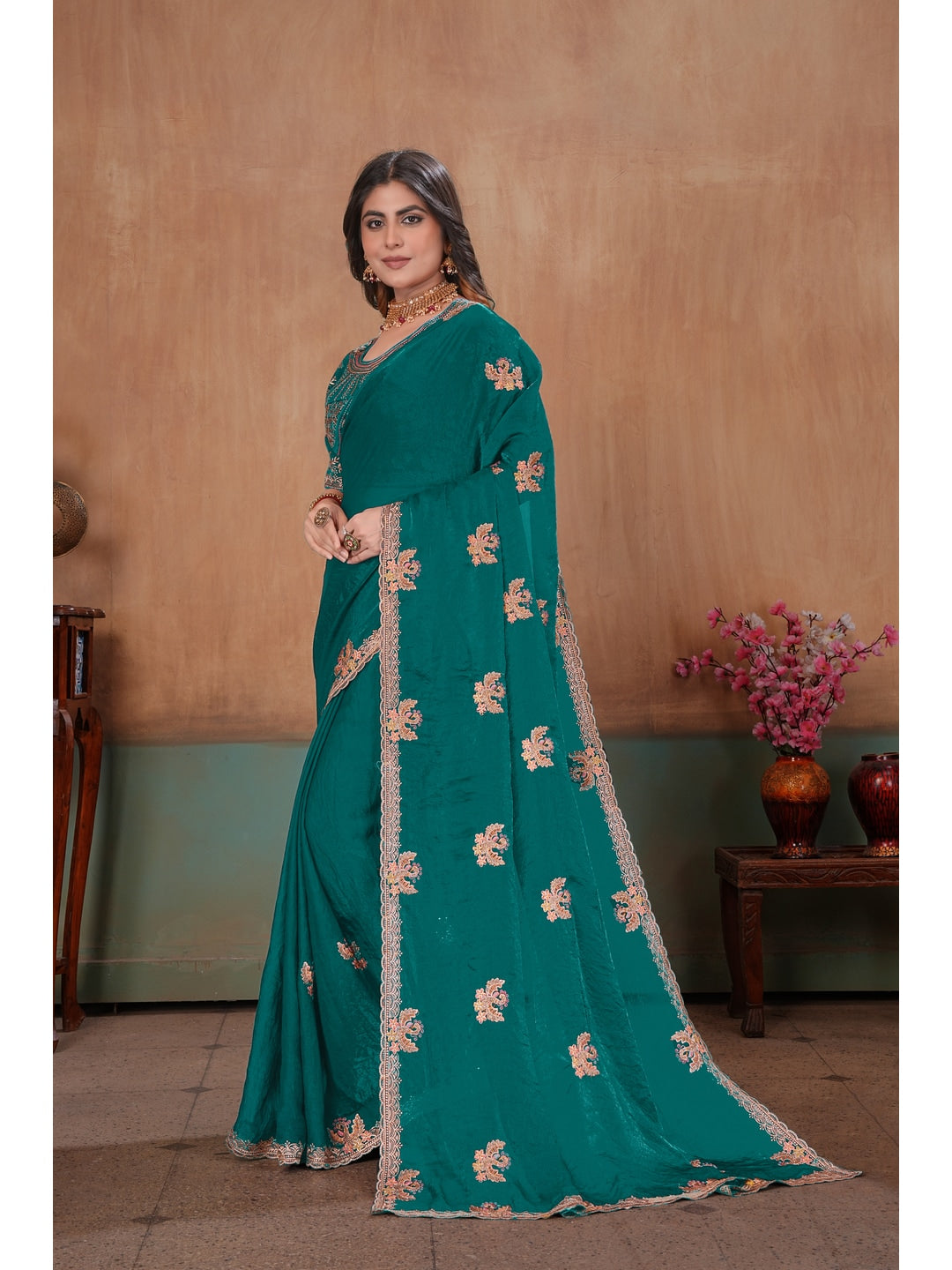 Peachmode Green Embroidered Fendy Satin Saree With Stitched Blouse - Image 2