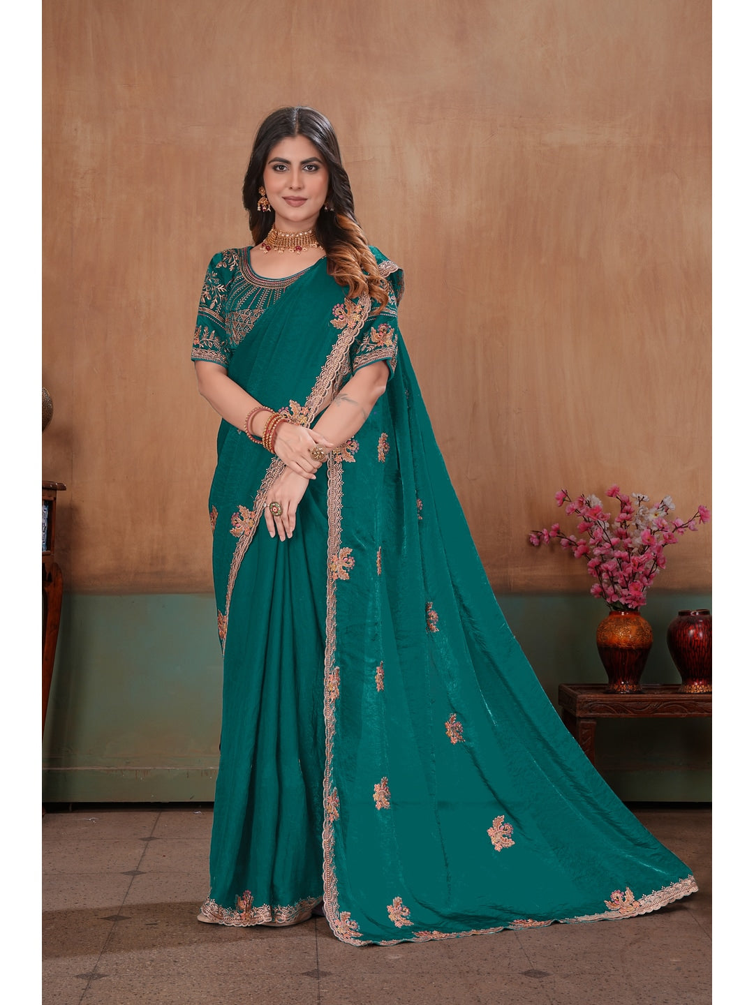 Peachmode Green Embroidered Fendy Satin Saree With Stitched Blouse - Image 3