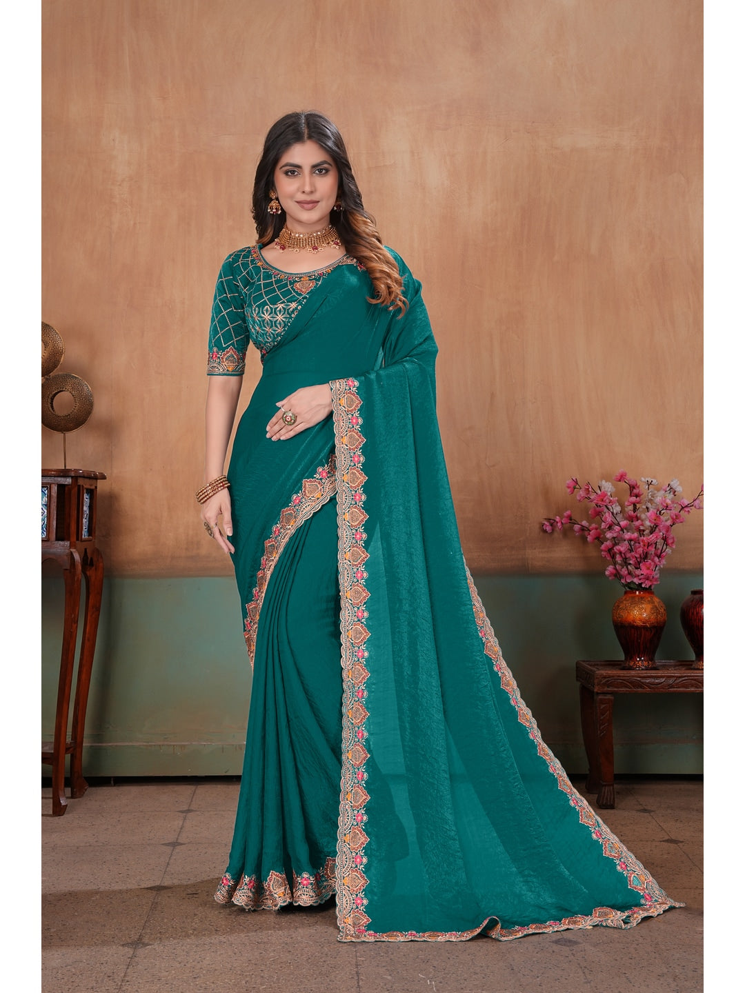 Peachmode Green Embroidered Fendy Satin Saree With Stitched Blouse - Image 1