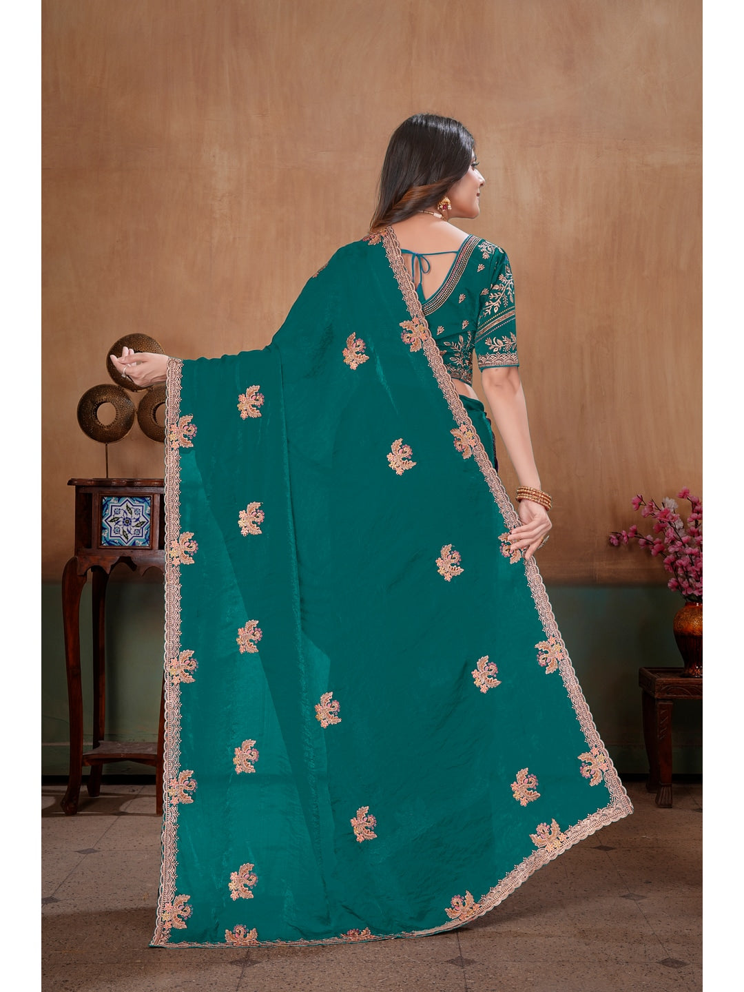 Peachmode Green Embroidered Fendy Satin Saree With Stitched Blouse - Image 4