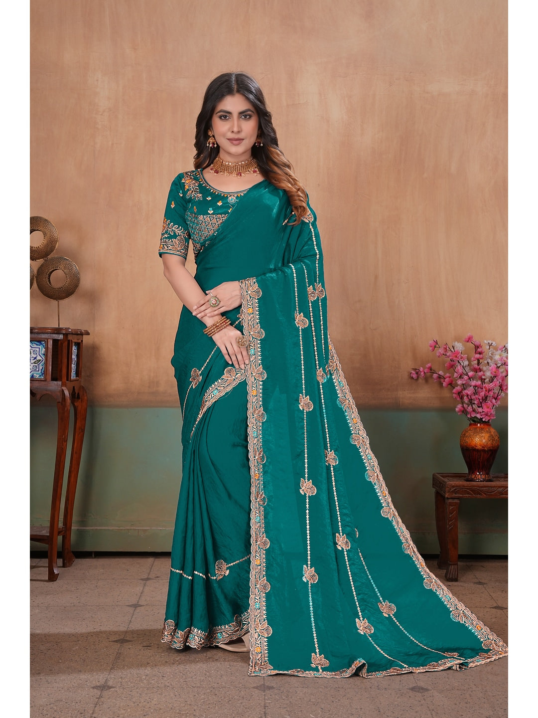 Peachmode Green Embroidered Fendy Satin Saree With Stitched Blouse - Image 1