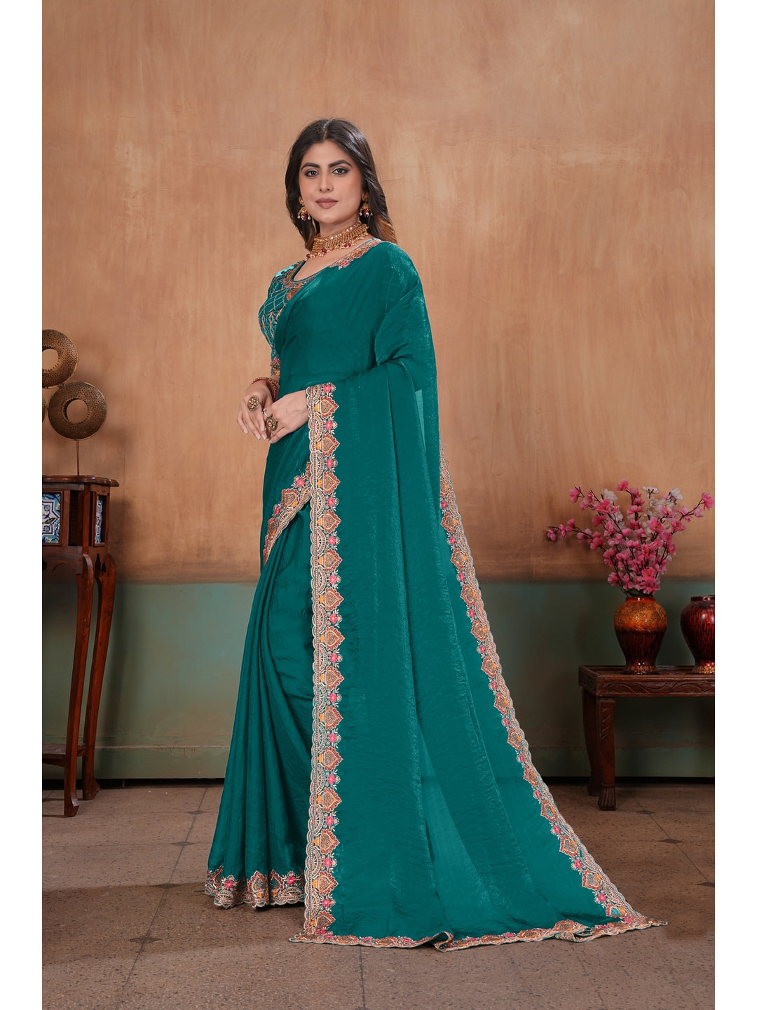 Peachmode Green Embroidered Fendy Satin Saree With Stitched Blouse - Image 2