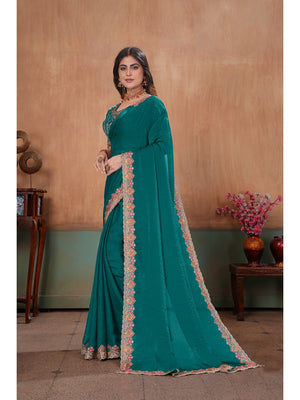 Peachmode Green Embroidered Fendy Satin Saree With Stitched Blouse - Image 2