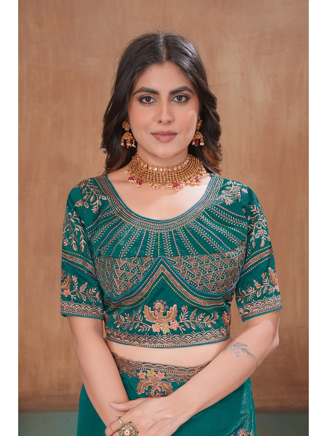 Peachmode Green Embroidered Fendy Satin Saree With Stitched Blouse - Image 5