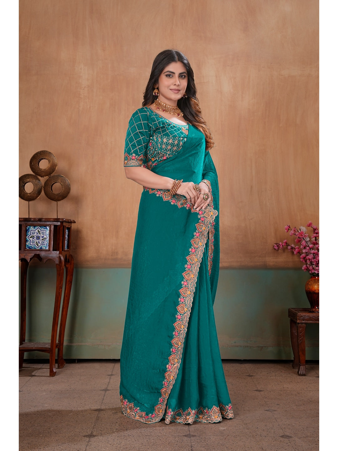 Peachmode Green Embroidered Fendy Satin Saree With Stitched Blouse - Image 3