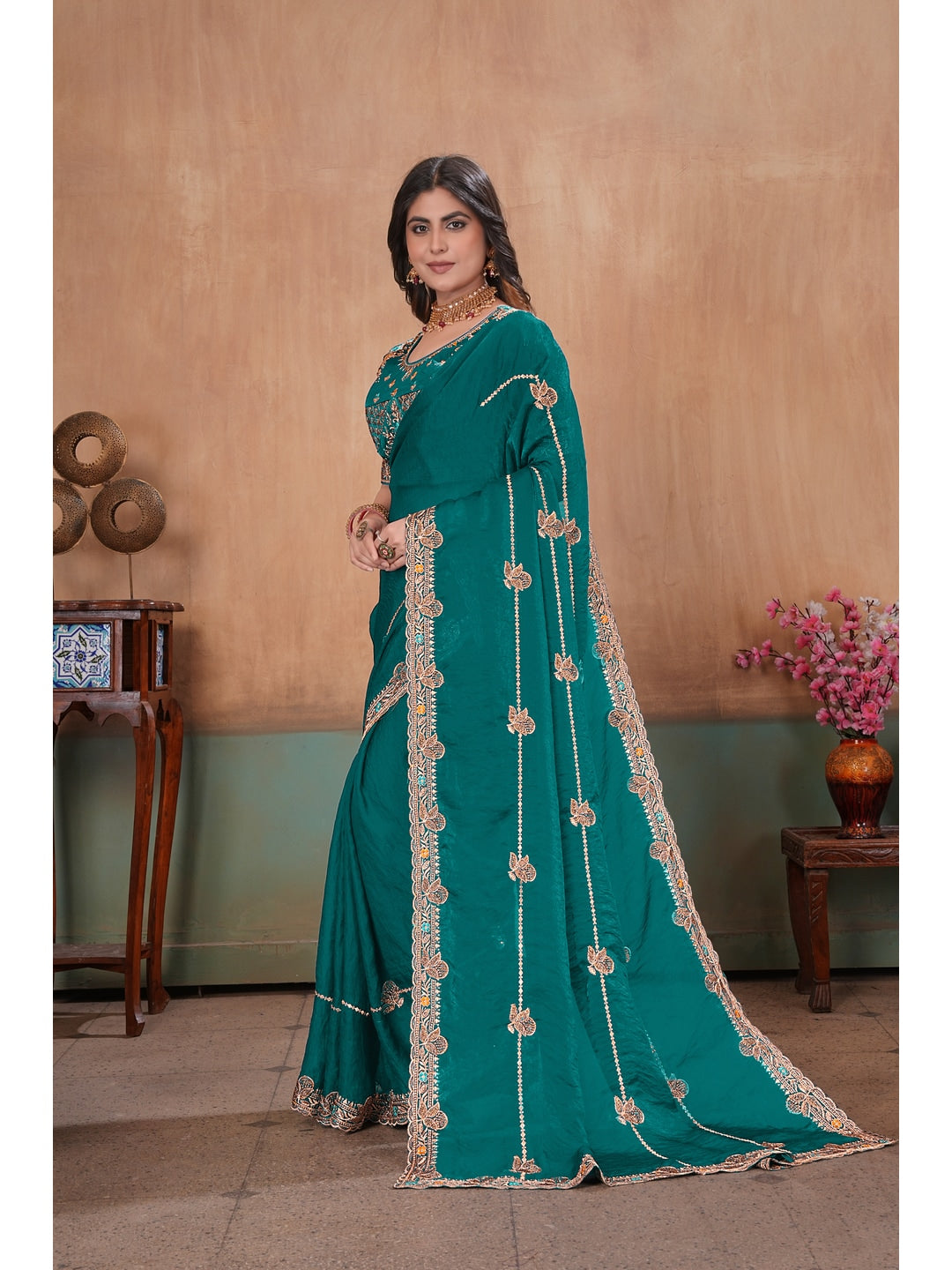 Peachmode Green Embroidered Fendy Satin Saree With Stitched Blouse - Image 2