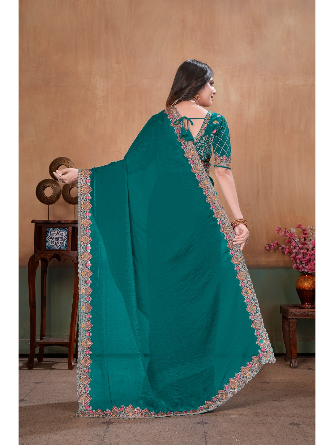 Peachmode Green Embroidered Fendy Satin Saree With Stitched Blouse - Image 4