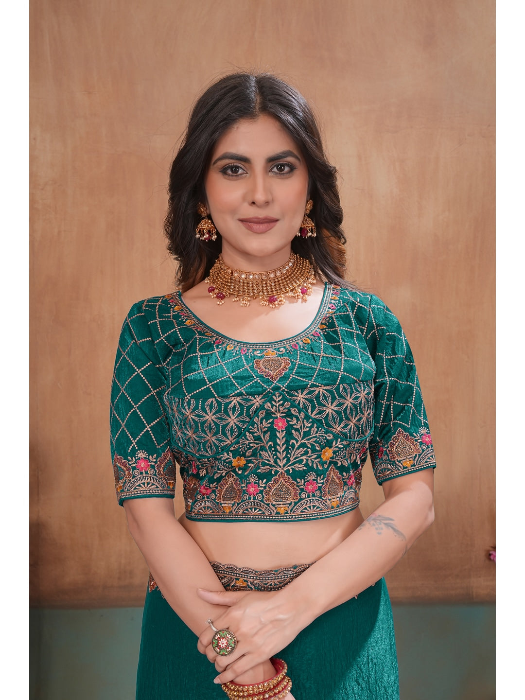 Peachmode Green Embroidered Fendy Satin Saree With Stitched Blouse - Image 5