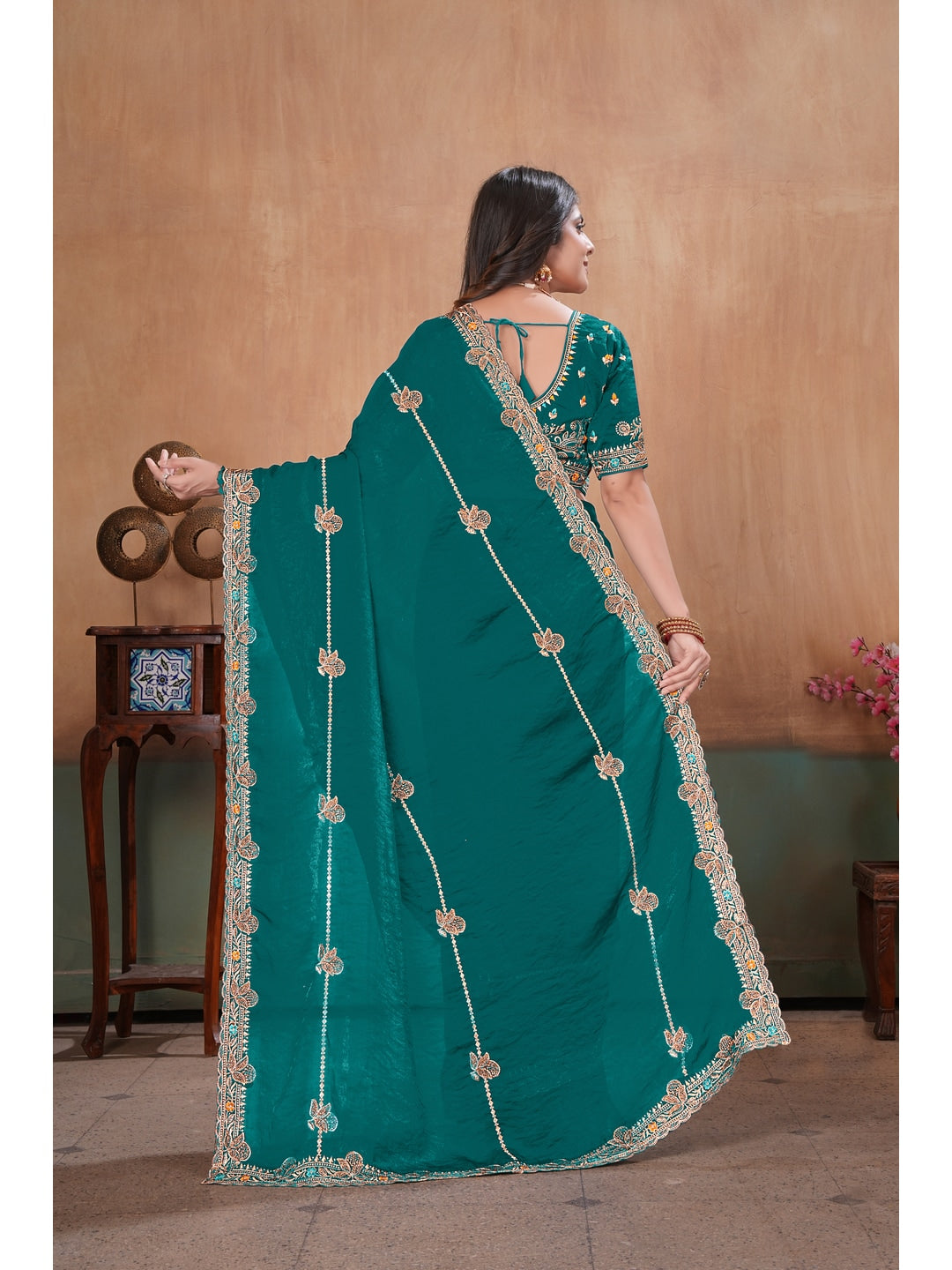 Peachmode Green Embroidered Fendy Satin Saree With Stitched Blouse - Image 4