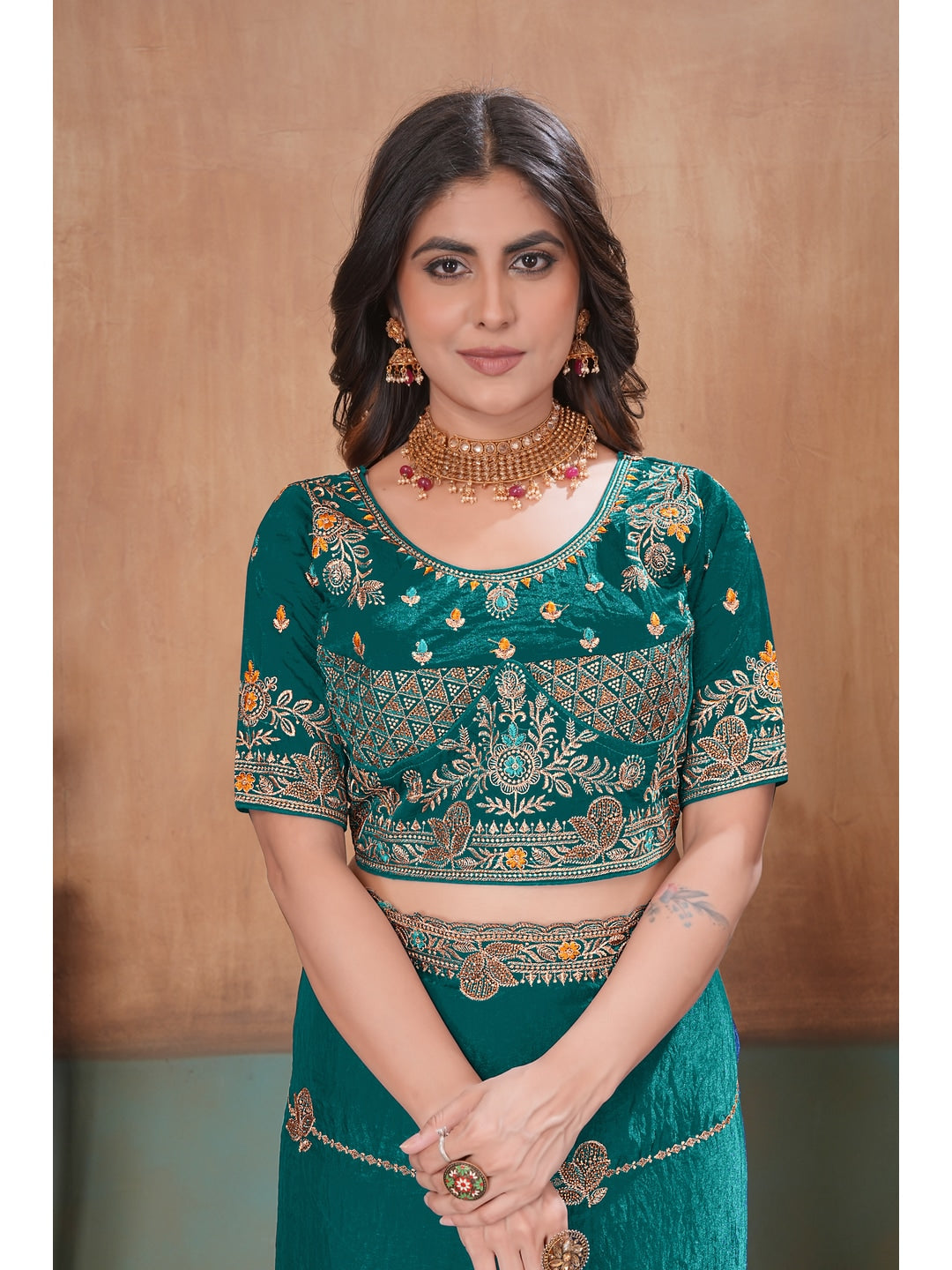 Peachmode Green Embroidered Fendy Satin Saree With Stitched Blouse - Image 5