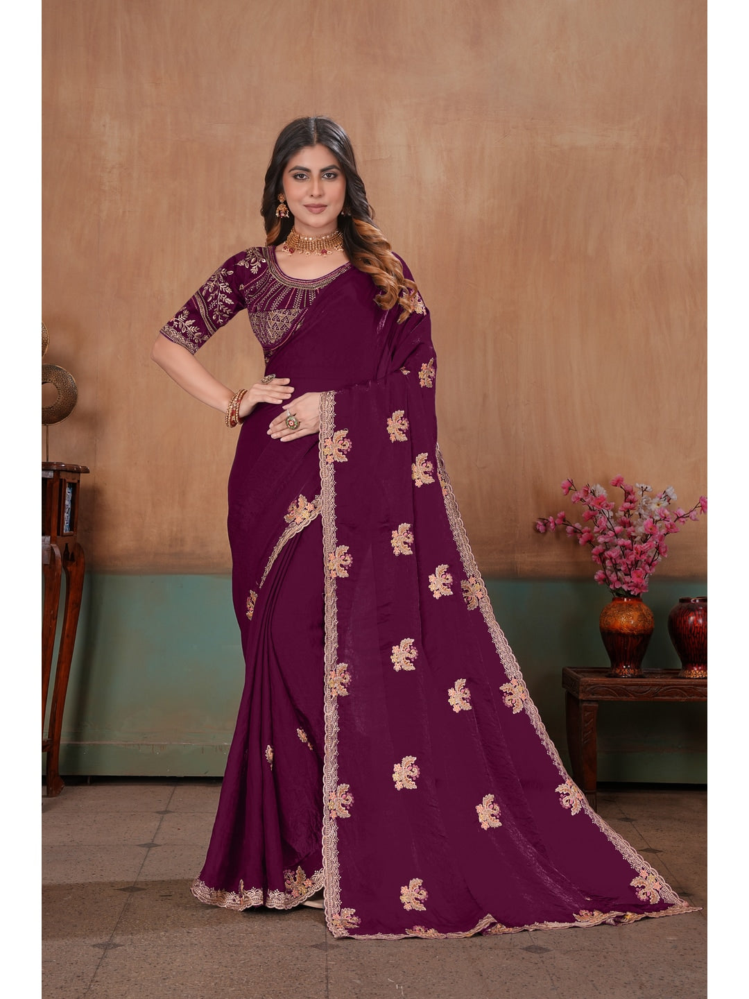Peachmode Wine Embroidered Fendy Satin Saree With Stitched Blouse - Image 1