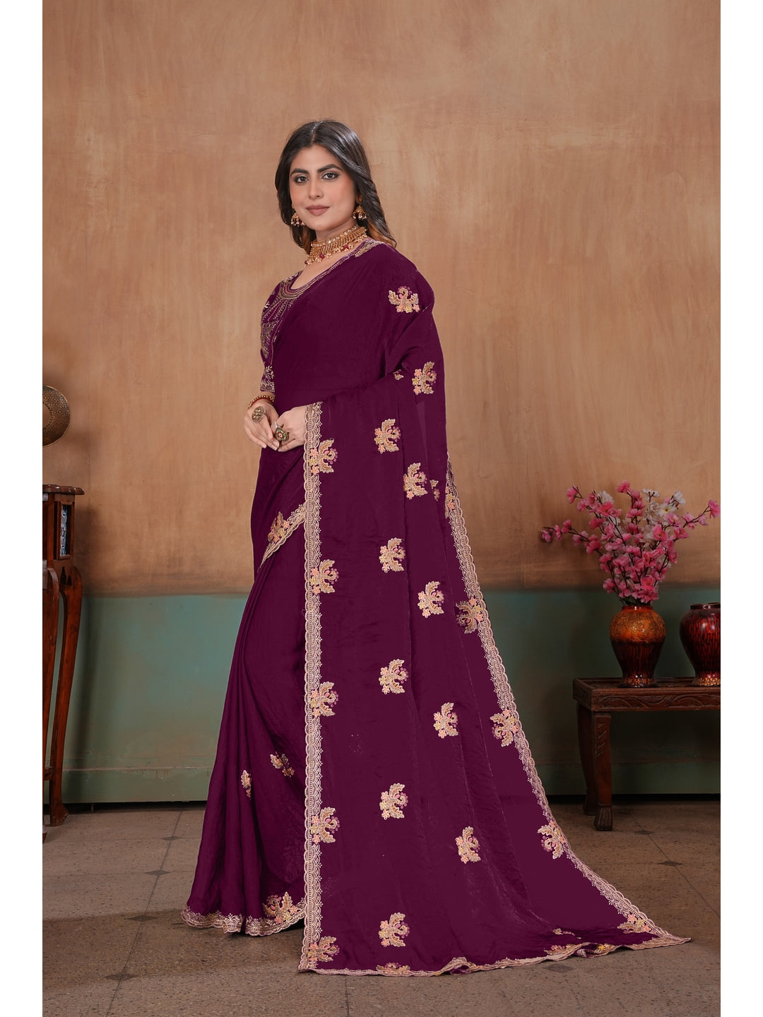 Peachmode Wine Embroidered Fendy Satin Saree With Stitched Blouse - Image 2