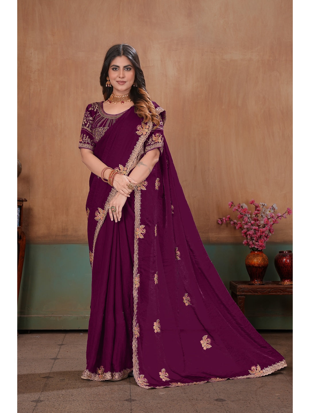 Peachmode Wine Embroidered Fendy Satin Saree With Stitched Blouse - Image 3