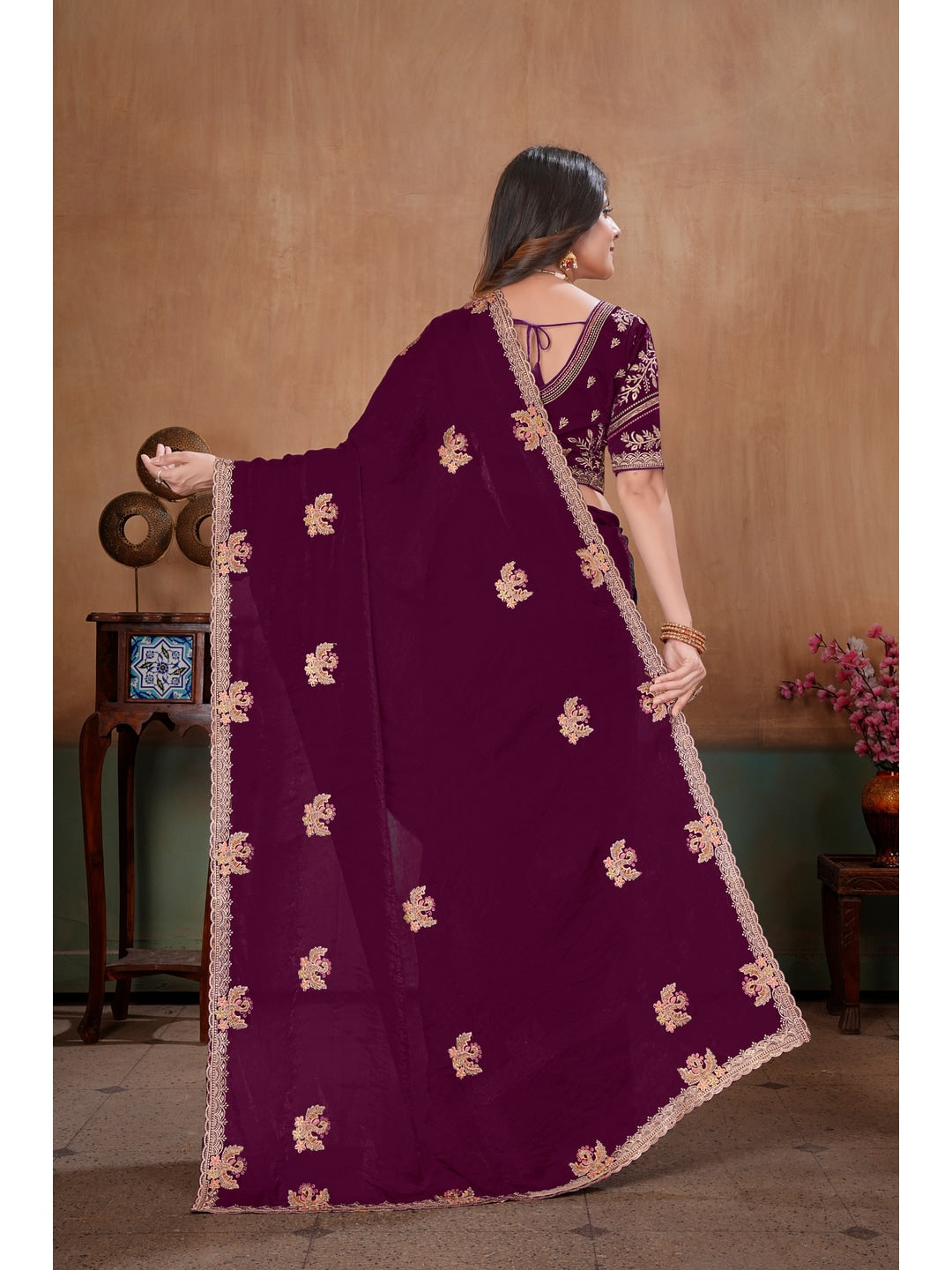 Peachmode Wine Embroidered Fendy Satin Saree With Stitched Blouse - Image 4