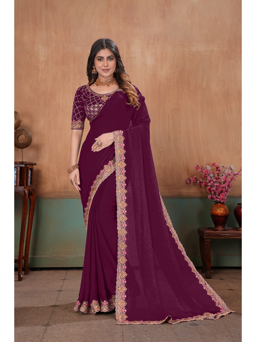 Peachmode Wine Embroidered Fendy Satin Saree With Stitched Blouse - Image 1
